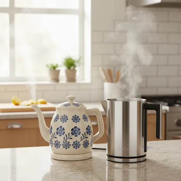 A close-up comparison of a ceramic electric kettle and a stainless steel electric kettle side-by-side, showcasing their distinct textures and finishes, with steam rising from both. 