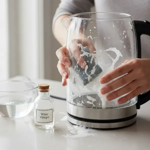 Person cleaning a glass electric kettle with vinegar to remove hard water stains
