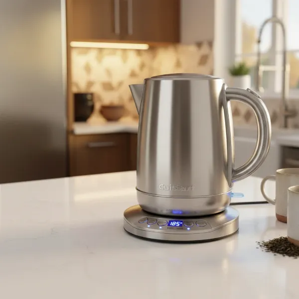Cuisinart PerfecTemp electric kettle with visible temperature controls and stainless steel finish for precision brewing
