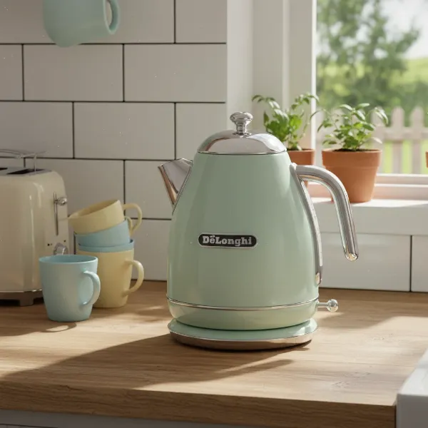 A De'Longhi Icona Vintage Electric Kettle in a charming retro kitchen setting, highlighting its elegant design and chrome details.