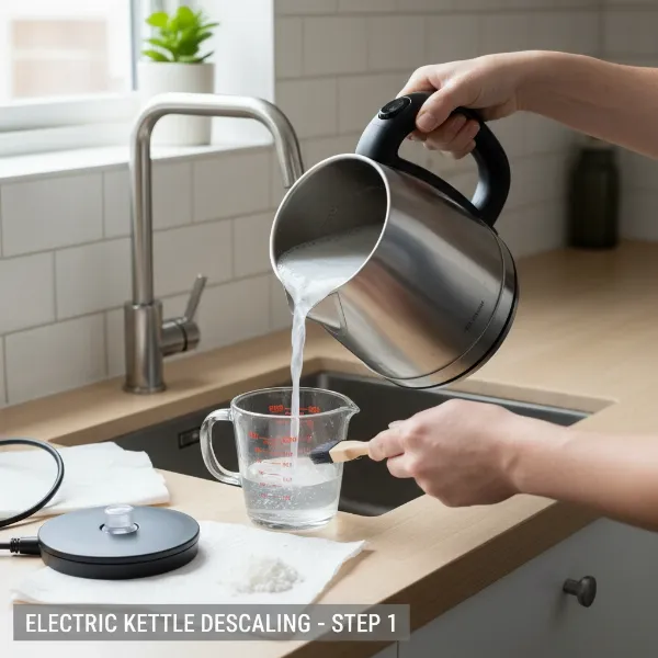 Person descaling an electric kettle with vinegar and water to fix a faulty switch