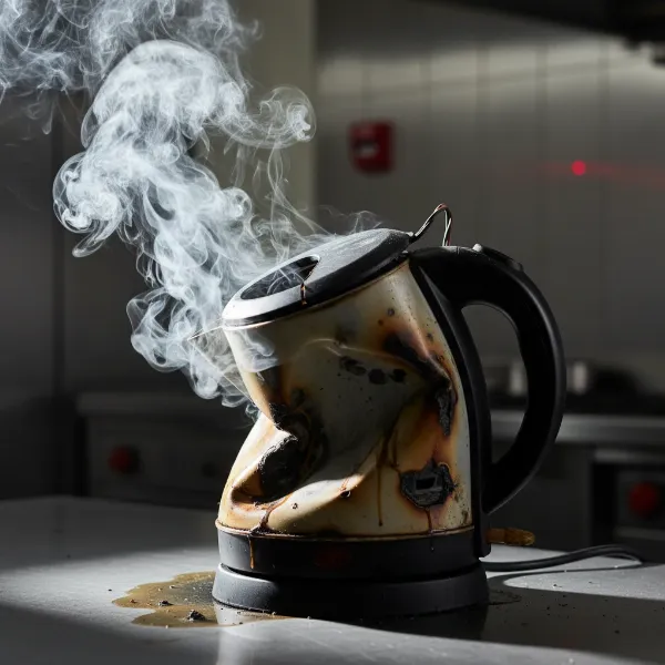 Electric kettle overheating with smoke, illustrating the danger of a boil-dry accident in a home kitchen setting, dramatic lighting