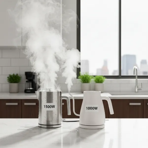 Side-by-side comparison of 1500W and 1000W electric kettles, with steam illustrating faster boiling for the higher wattage