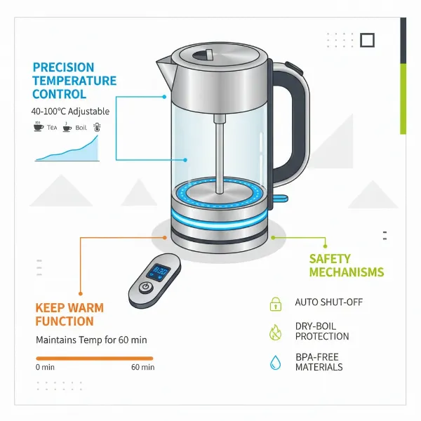 Diagram illustrating key features of a modern electric kettle like temperature control and auto-shutoff