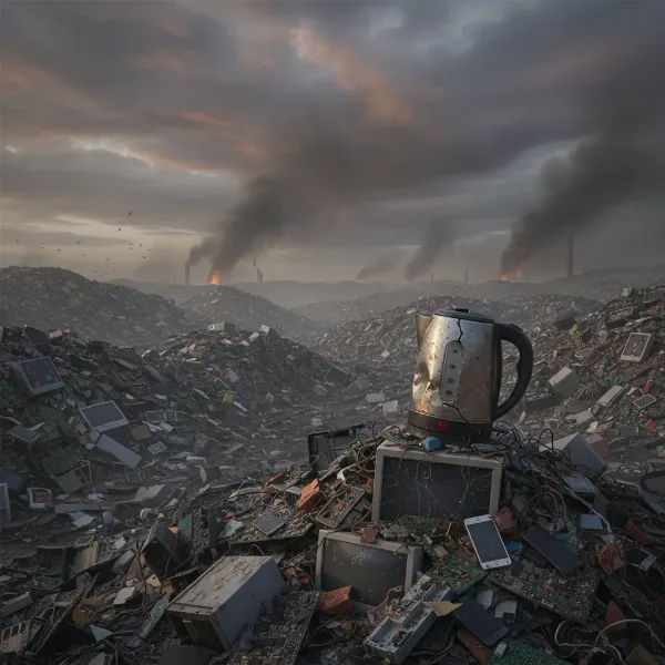 Illustration showing an old, broken electric kettle discarded in a vast landfill, with dark, harmful fumes rising, emphasizing environmental damage.