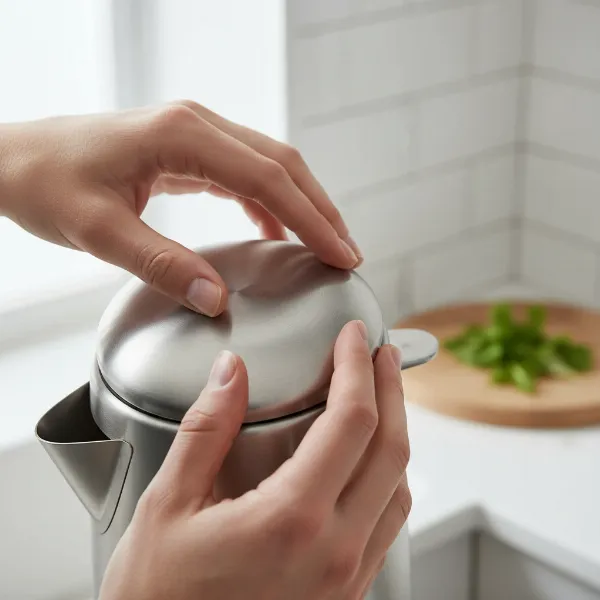 Close-up of an electric kettle lid being inspected for damage or loose parts with hands