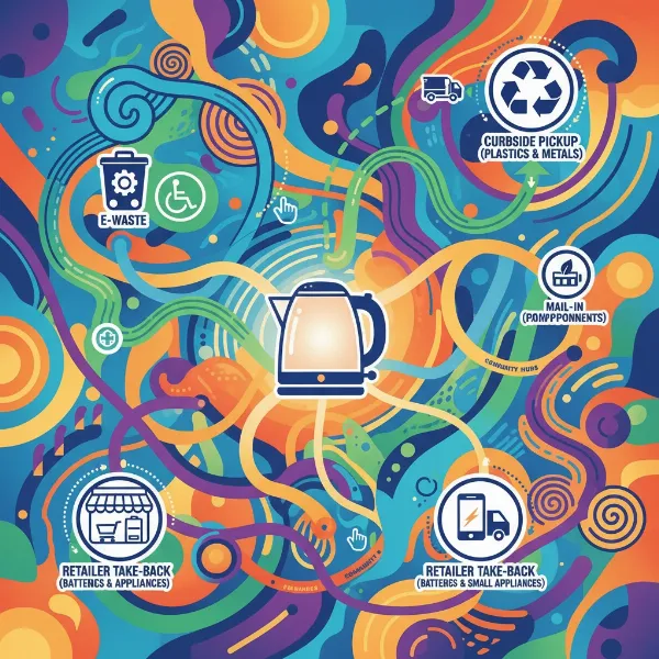 A colorful map with pins indicating different recycling locations: a recycling center, a store, and a community drop-off point, all connected by dotted lines.