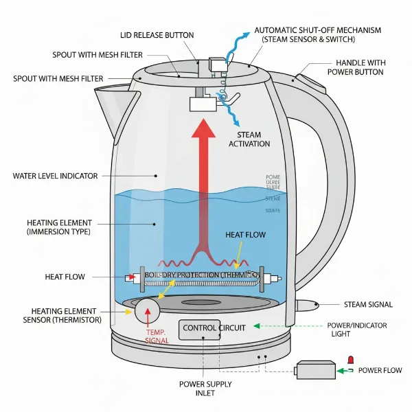 Diagram illustrating internal safety features of an electric kettle, including boil-dry protection sensor and auto-shutoff mechanism, with labels