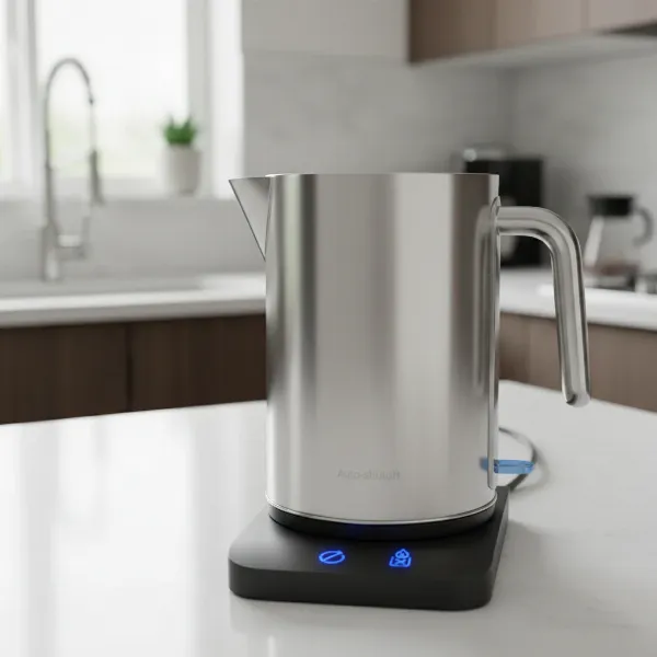 An electric kettle with safety icons like auto-shutoff and boil-dry protection highlighted.