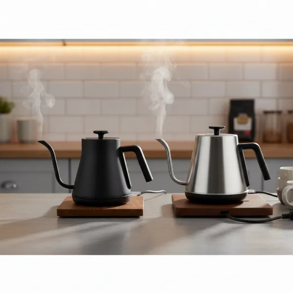 A side-by-side comparison of a sleek black gooseneck electric kettle and a modern silver regular spout electric kettle in a kitchen setting.