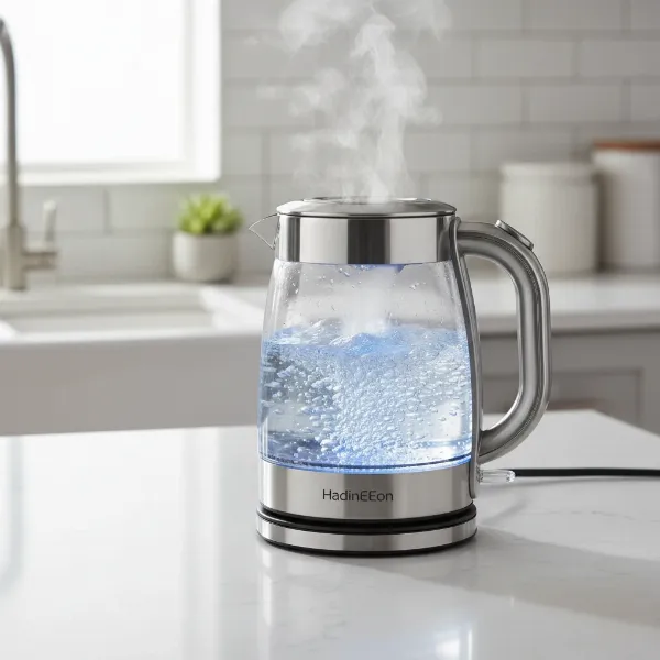 HadinEEon Electric Kettle with blue LED light illuminating water boiling in a modern kitchen