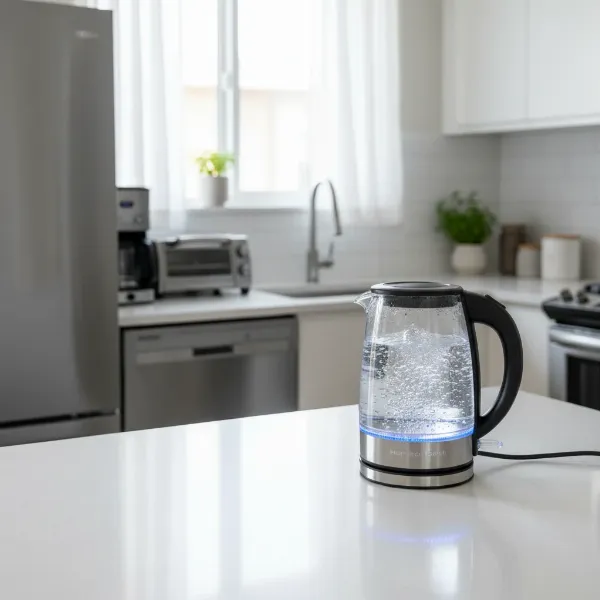Hamilton Beach Glass Electric Tea Kettle on a modern kitchen counter