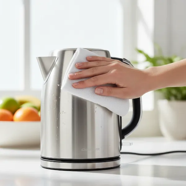 A hand wiping the exterior of a stainless steel electric kettle with a soft cloth, illustrating proper cleaning and care.