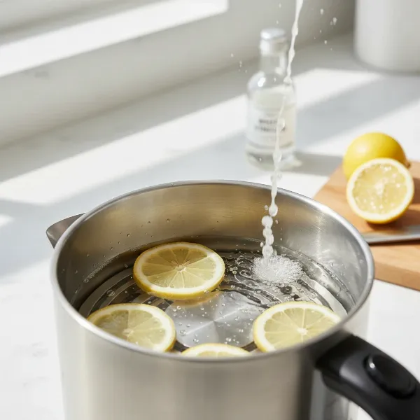 Electric kettle being descaled with natural ingredients like lemon and vinegar for longevity