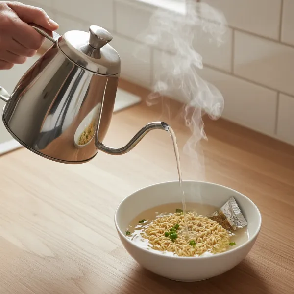 Person pouring boiling water from an electric kettle into a bowl of instant noodles