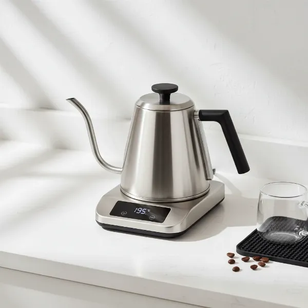A sleek, modern KitchenAid Precision Gooseneck Digital Kettle on a minimalist kitchen counter.