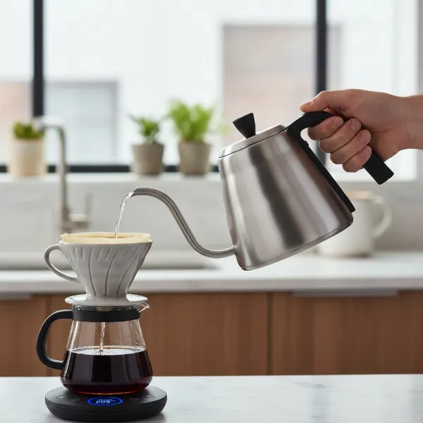 A close-up of the OXO Brew Adjustable Temperature Pour-Over Kettle highlighting its gooseneck spout, digital display, and ergonomic handle for precise brewing.