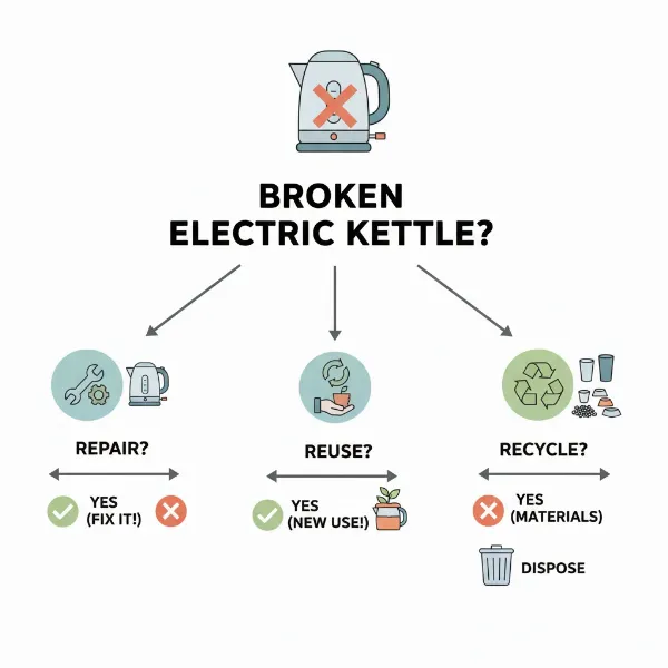 Infographic-style image with three distinct paths: a wrench icon for "Repair," a hand holding a kettle for "Reuse/Donate," and a recycling symbol for "Recycle," all stemming from a broken electric kettle.