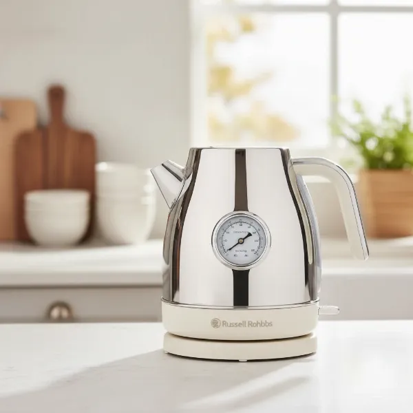 A stainless steel Russell Hobbs Retro Style Electric Kettle sitting on a kitchen counter with a warm, inviting background