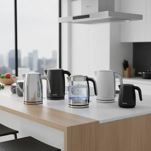 A collection of various Severin electric kettle models showcasing different designs and materials for kitchen appliances.