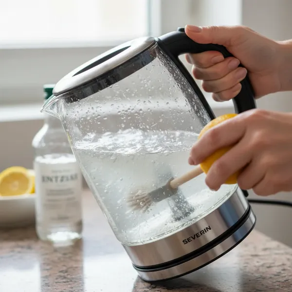 Hands descaling a Severin electric kettle with a natural cleaning solution, emphasizing cleanliness and care.