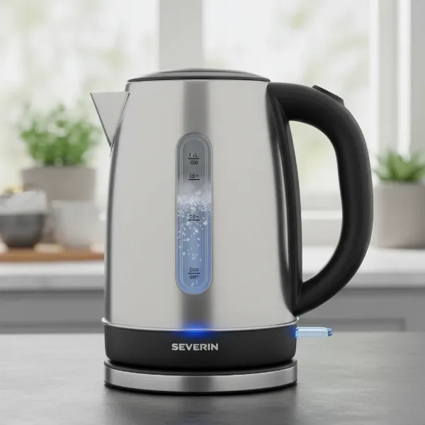 Close-up on a Severin electric kettle, highlighting safety features like the water level indicator and ergonomic handle in a modern kitchen.