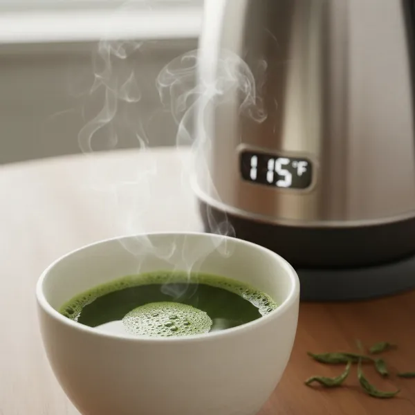 A steaming cup of perfectly brewed green tea with a variable temperature electric kettle in the background, set to the ideal green tea temperature