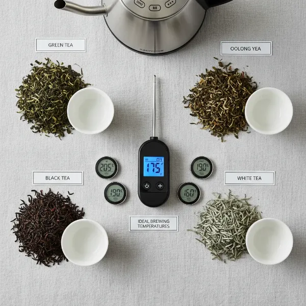 Assorted tea leaves and brewing at different temperatures for optimal flavor in electric kettles