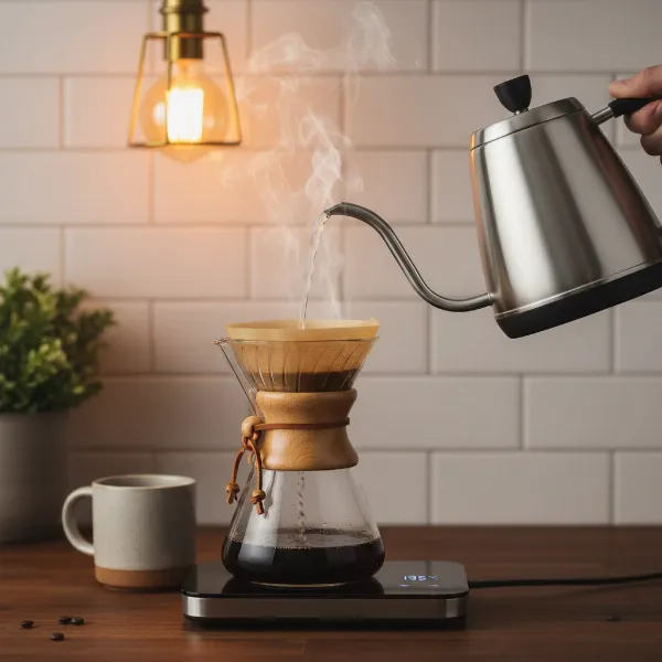 Willow & Everett Gooseneck Electric Kettle precisely pouring hot water into a pour-over coffee dripper