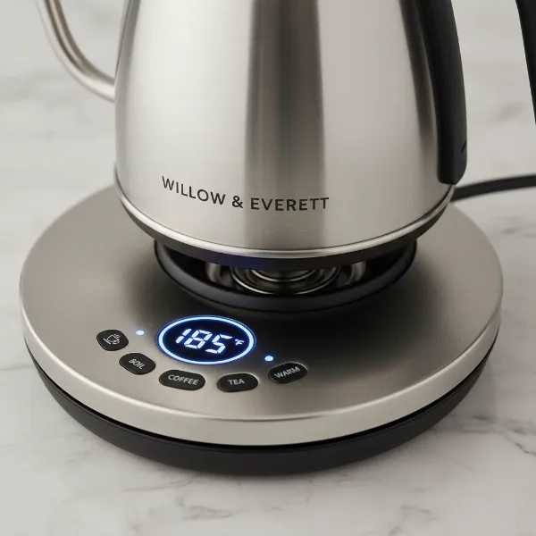 Close-up of the digital display and temperature control buttons on the Willow & Everett Gooseneck Electric Kettle