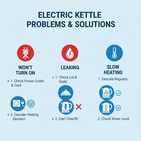 Common electric kettle issues and simple troubleshooting steps infographic